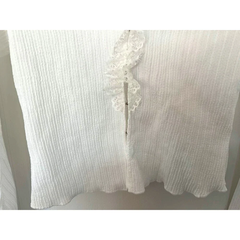 Commense White Ribbed Lace Trim Hook Front Long Sleeve Crop Top Small Boho Fairy - Picture 10 of 10